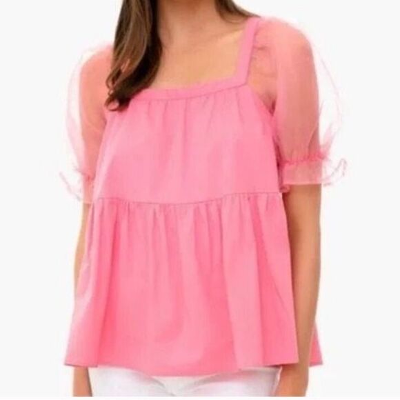Pomander Place Tuckernuck Tinsley Top Tulle Sheer Puff Sleeve Pink Babydoll Med - Picture 6 of 10